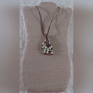 Handmade Brown Leather And Light Green & White Dangle Pearl Necklace
